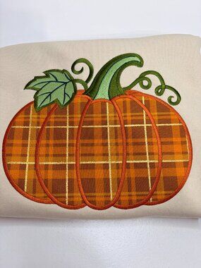 Pumpkin Plaid Applique HOODIE Sweatshirt Embroidered Adult Unisex Fall Autumn